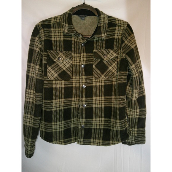 Eddie Bauer Kids Flannel Shirt Jacket Olive Green Plaid Button Up 14/16 - Picture 1 of 3